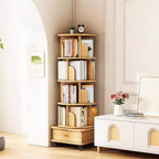 VIYET 56 5-Tier 360 Rotating Bookshelf, Oak MDF Tower w/ Wheels & Drawer (Space-Saving Storage for Home/Office)