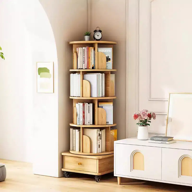VIYET 56 5-Tier 360 Rotating Bookshelf, Oak MDF Tower w/ Wheels & Drawer (Space-Saving Storage for Home/Office)