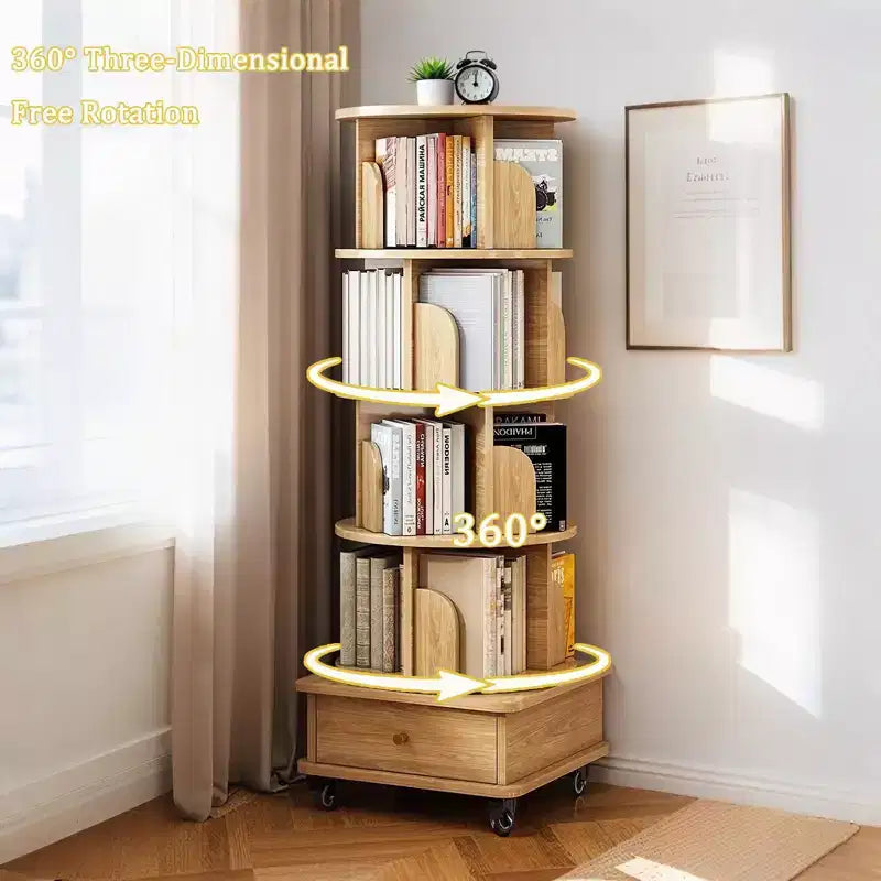 VIYET 56 5-Tier 360 Rotating Bookshelf, Oak MDF Tower w/ Wheels & Drawer (Space-Saving Storage for Home/Office)