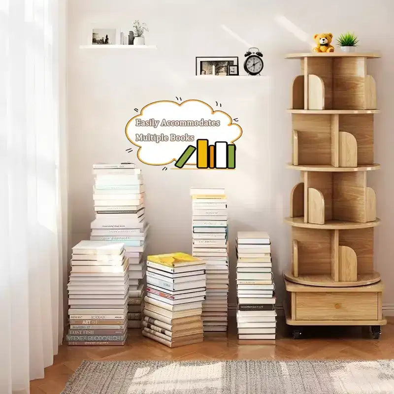 VIYET 56 5-Tier 360 Rotating Bookshelf, Oak MDF Tower w/ Wheels & Drawer (Space-Saving Storage for Home/Office)