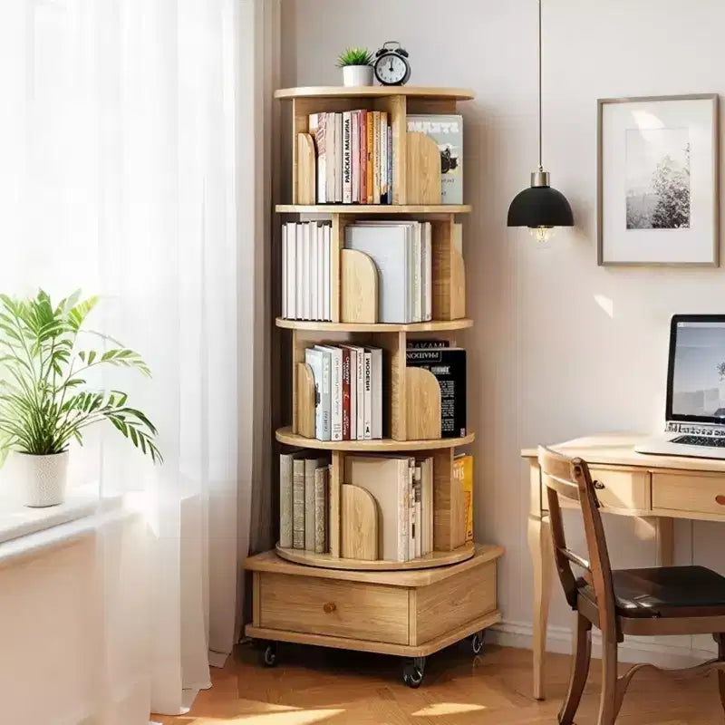 VIYET 56 5-Tier 360 Rotating Bookshelf, Oak MDF Tower w/ Wheels & Drawer (Space-Saving Storage for Home/Office)