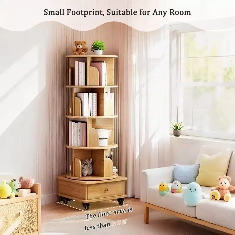VIYET 56 5-Tier 360 Rotating Bookshelf, Oak MDF Tower w/ Wheels & Drawer (Space-Saving Storage for Home/Office)