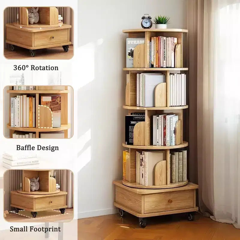 VIYET 56 5-Tier 360 Rotating Bookshelf, Oak MDF Tower w/ Wheels & Drawer (Space-Saving Storage for Home/Office)