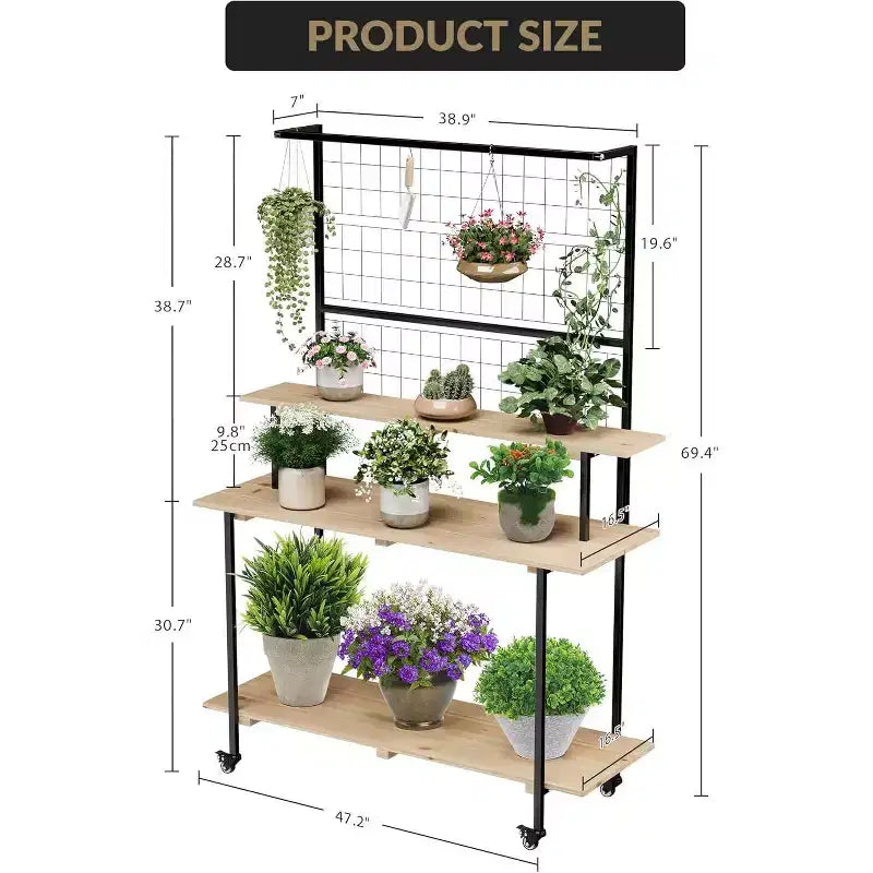 Grid Wall Plant Stand 3-Tier,Heavy Duty Metal Grid Display with Adjustable Shelves & Hooks, Multi-Purpose Indoor Outdoor Plant Shelf for Garden,Home