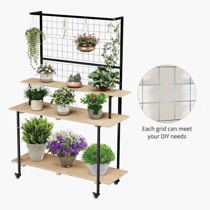 Grid Wall Plant Stand 3-Tier,Heavy Duty Metal Grid Display with Adjustable Shelves & Hooks, Multi-Purpose Indoor Outdoor Plant Shelf for Garden,Home