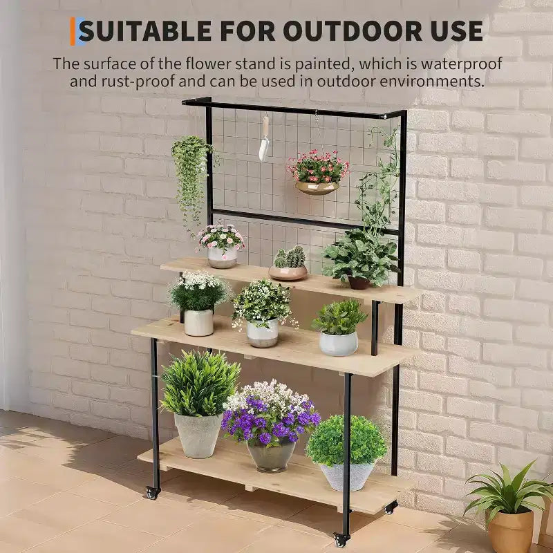 Grid Wall Plant Stand 3-Tier,Heavy Duty Metal Grid Display with Adjustable Shelves & Hooks, Multi-Purpose Indoor Outdoor Plant Shelf for Garden,Home
