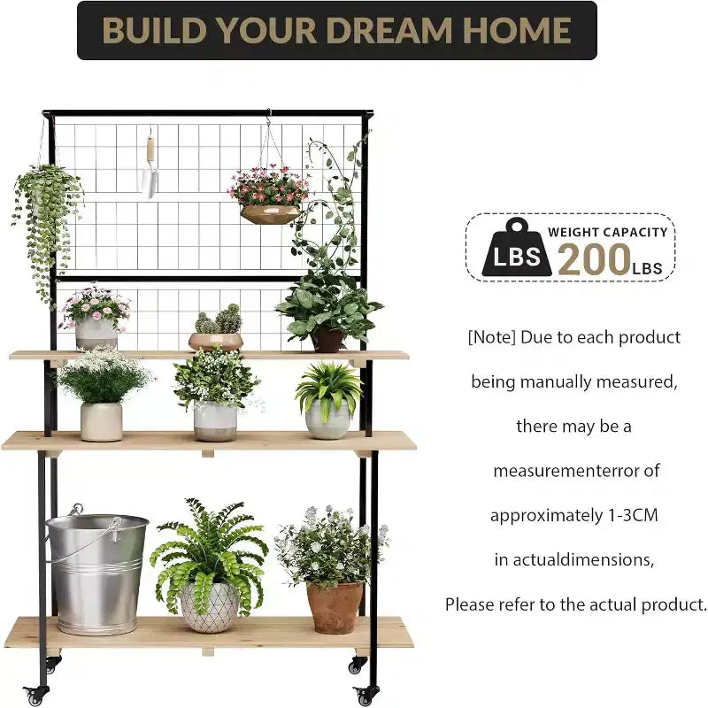Grid Wall Plant Stand 3-Tier,Heavy Duty Metal Grid Display with Adjustable Shelves & Hooks, Multi-Purpose Indoor Outdoor Plant Shelf for Garden,Home