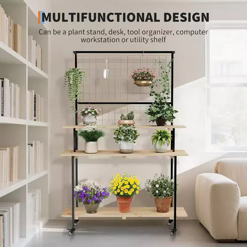 Grid Wall Plant Stand 3-Tier,Heavy Duty Metal Grid Display with Adjustable Shelves & Hooks, Multi-Purpose Indoor Outdoor Plant Shelf for Garden,Home