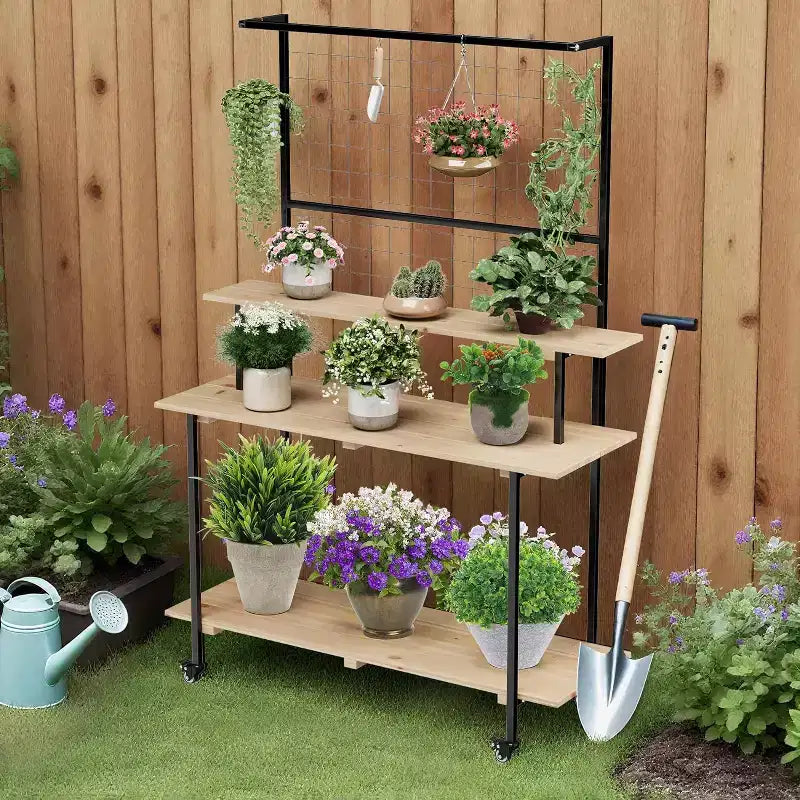 Grid Wall Plant Stand 3-Tier,Heavy Duty Metal Grid Display with Adjustable Shelves & Hooks, Multi-Purpose Indoor Outdoor Plant Shelf for Garden,Home