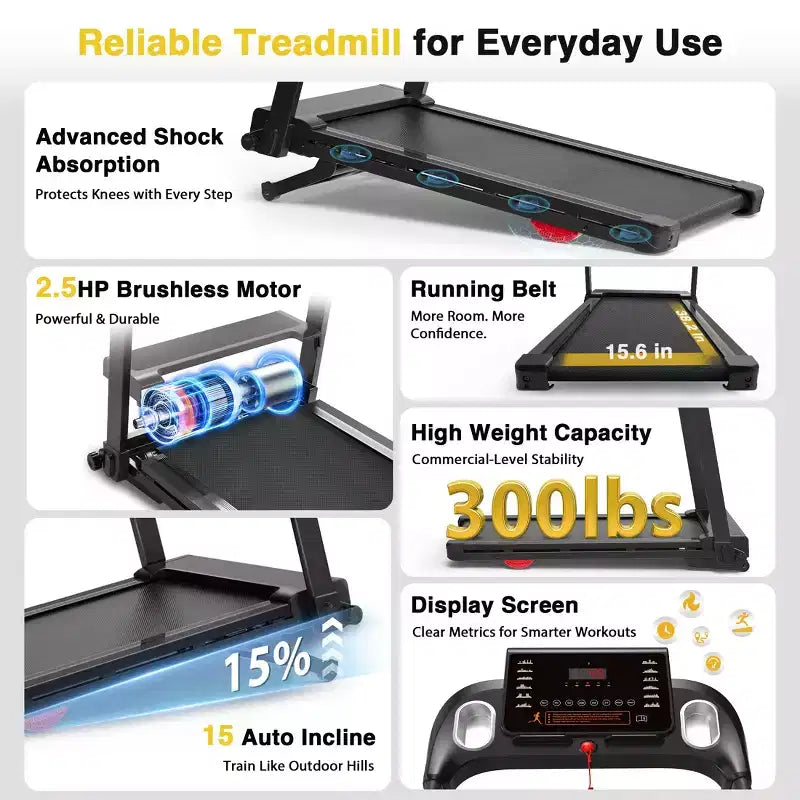 Tapis Roulant Pieghevole Redliro con Inclinazione Automatica, Tapis Roulant da 2.5HP per Casa, Tapis Roulant con Inclinazione del 15% e Maniglie, Capacità 136 kg