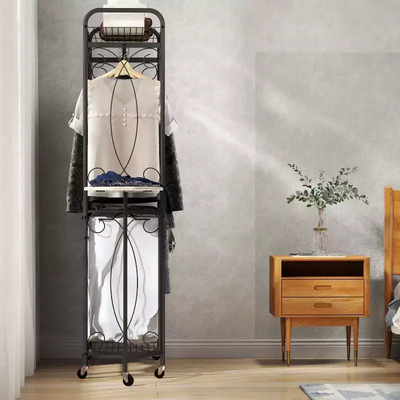 Multifunctional storage rack with hanging rods and shelves, metal basket with wheels, suitable for bathrooms, laundry rooms, and bedrooms.