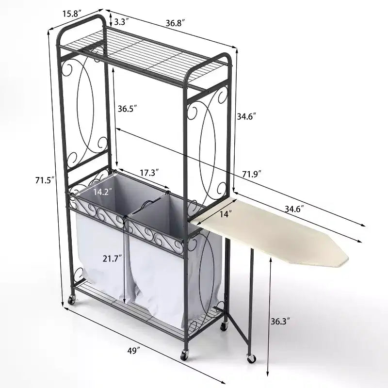 Multifunctional storage rack with hanging rods and shelves, metal basket with wheels, suitable for bathrooms, laundry rooms, and bedrooms.