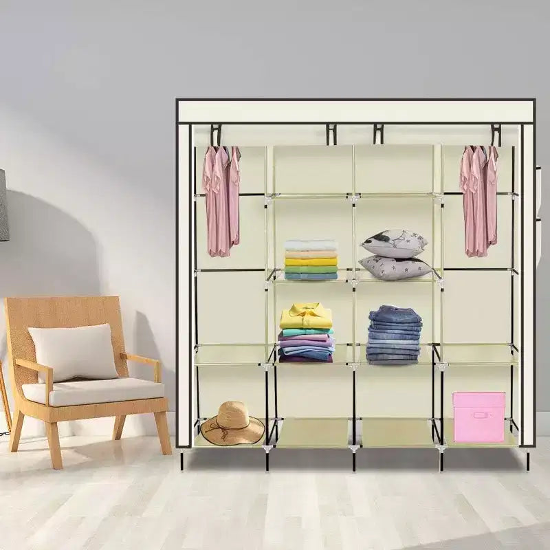 Non-Woven Fabric Wardrobe, 4-Row Tall Storage Cabinet with 4 Side Pockets, 169.5x44x168.5/181.5cm, Beige, for Home Dormitory