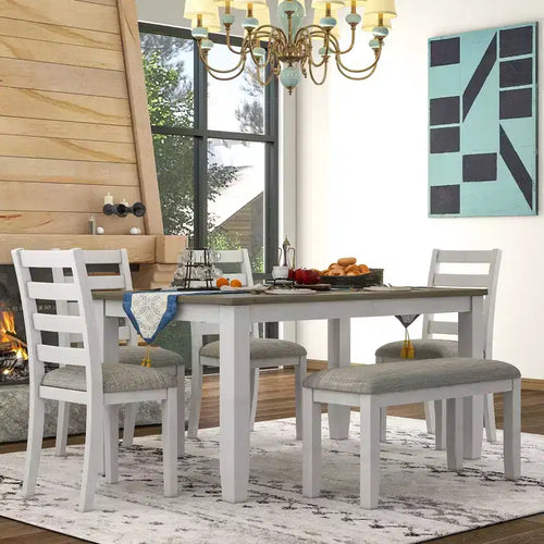 6 Pieces Wood Dining Room Table Set for 6, Rectangle Dining Table with 4 Upholstered Chairs and Bench