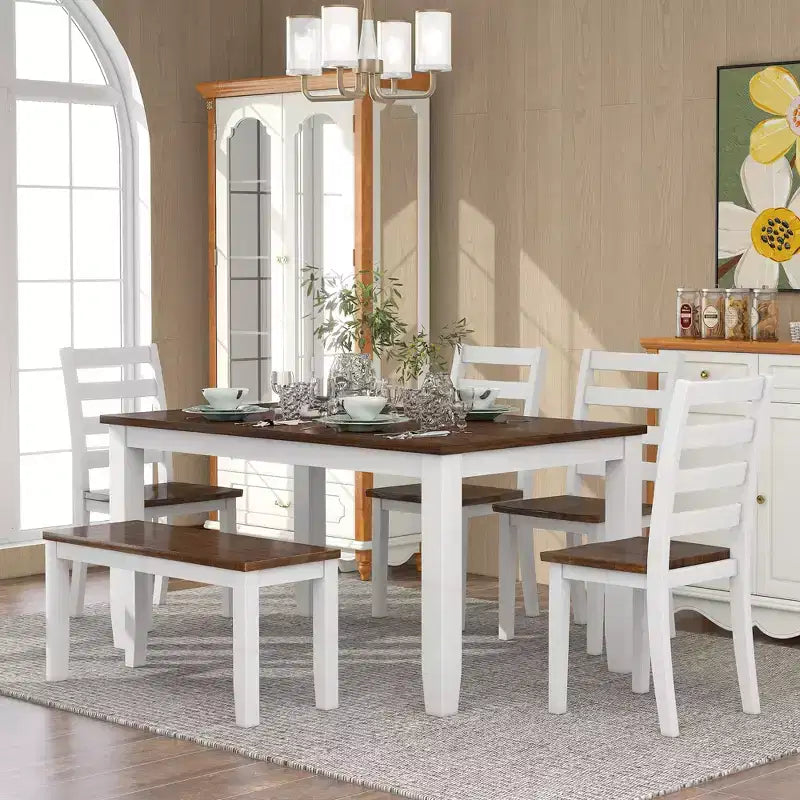 6 Pieces Wood Dining Room Table Set for 6, Rectangle Dining Table with 4 Upholstered Chairs and Bench