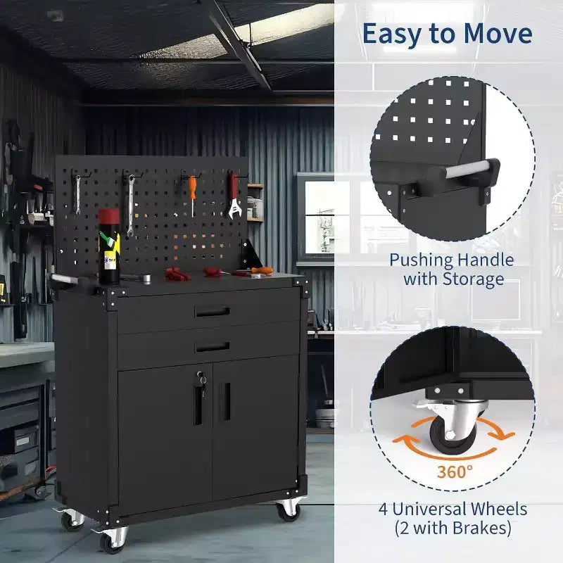 35 Heavy-Duty Steel Rolling Tool Cabinet with 2 Deep Drawers, Adjustable Shelves & Pegboard, Locking Casters, Mobile Garage Storage Organizer