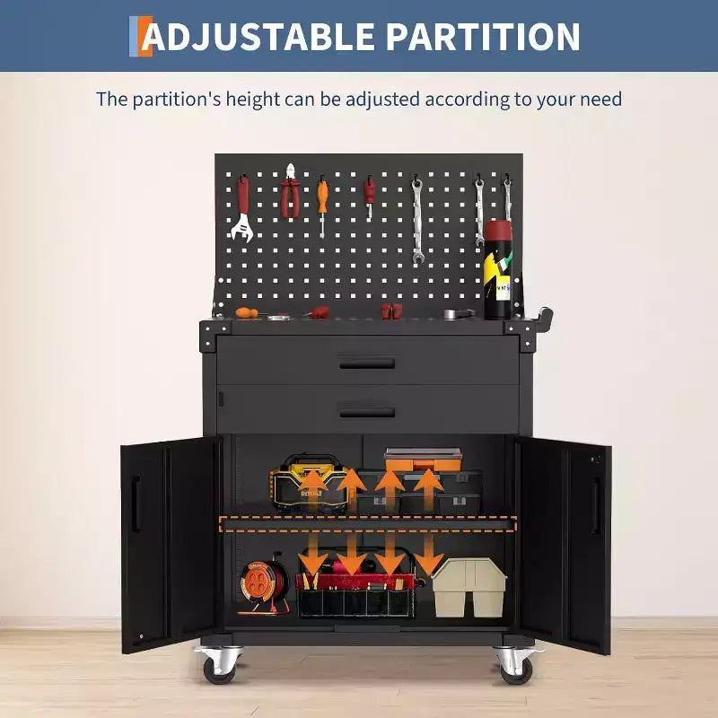 35 Heavy-Duty Steel Rolling Tool Cabinet with 2 Deep Drawers, Adjustable Shelves & Pegboard, Locking Casters, Mobile Garage Storage Organizer