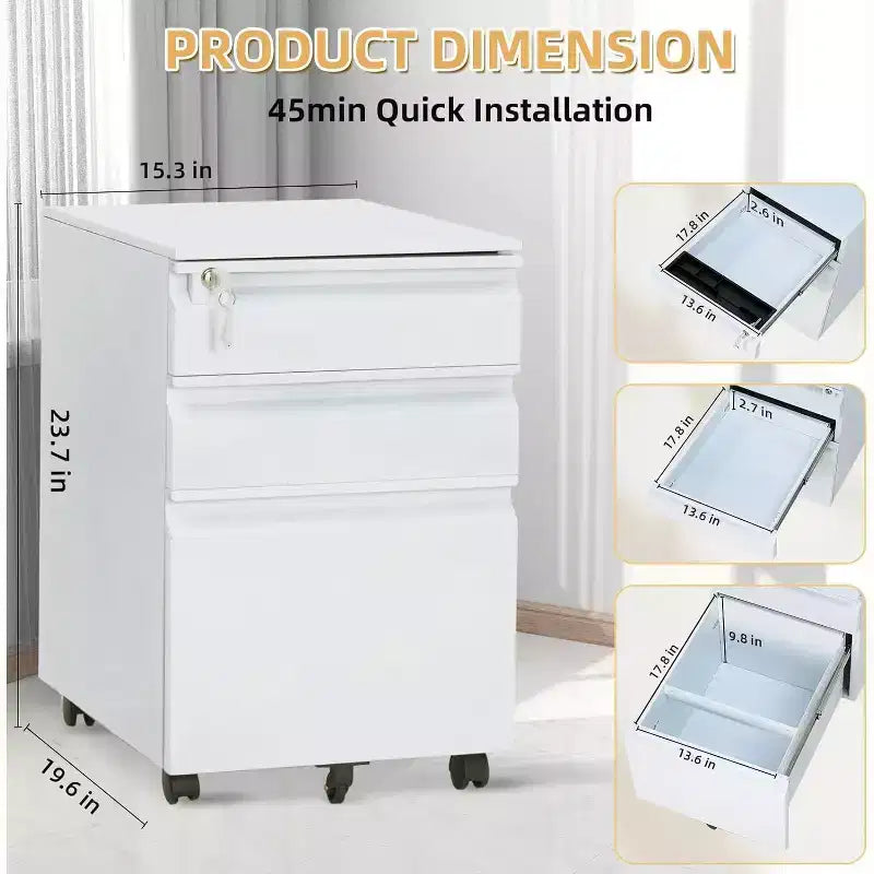 3 Drawer Mobile Filing Cabinet,Under Desk Metal Rolling File Cabinet with Lock & Anti-Tip Wheel for Home Office Organizer, Hanging File Folders
