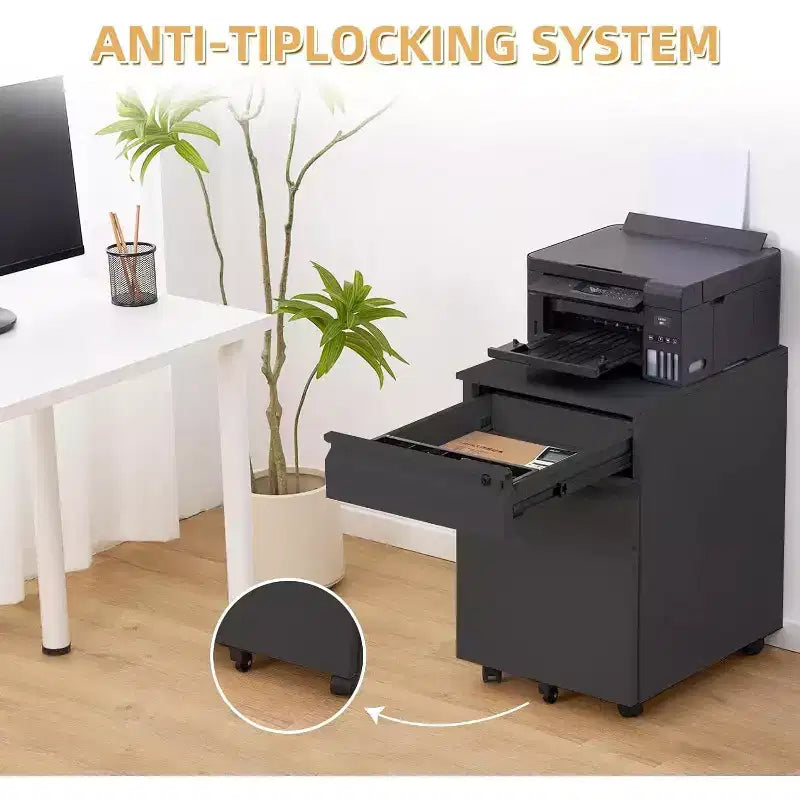 3 Drawer Mobile Filing Cabinet,Under Desk Metal Rolling File Cabinet with Lock & Anti-Tip Wheel for Home Office Organizer, Hanging File Folders