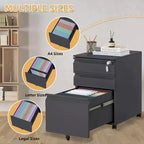 3 Drawer Mobile Filing Cabinet,Under Desk Metal Rolling File Cabinet with Lock & Anti-Tip Wheel for Home Office Organizer, Hanging File Folders