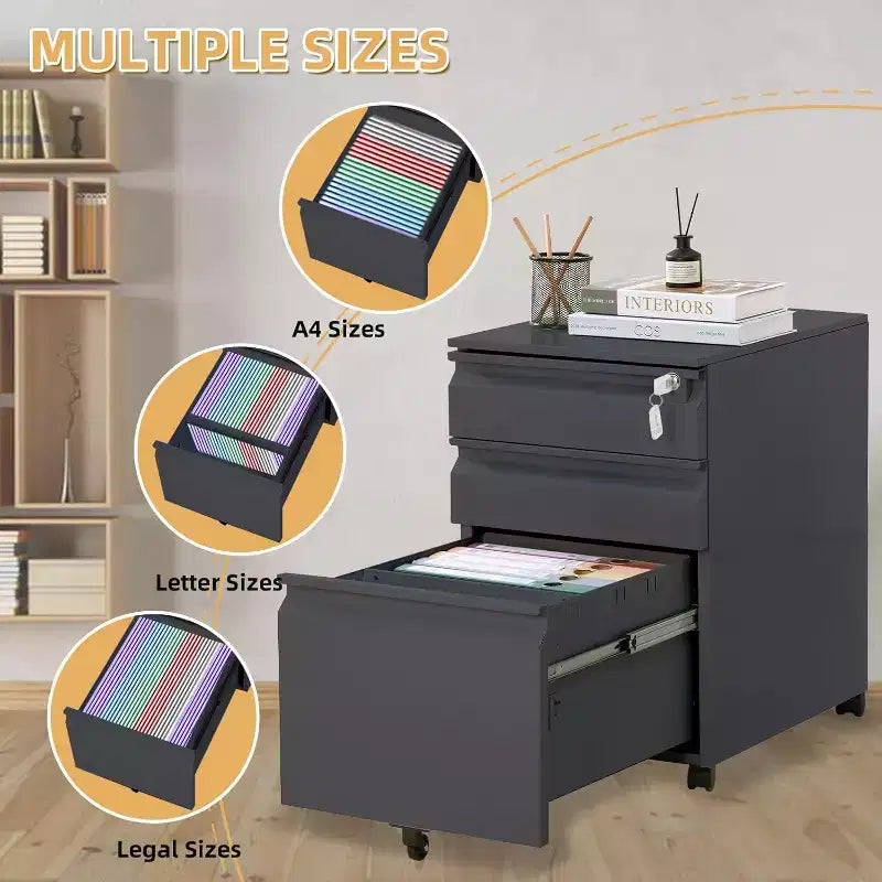3 Drawer Mobile Filing Cabinet,Under Desk Metal Rolling File Cabinet with Lock & Anti-Tip Wheel for Home Office Organizer, Hanging File Folders