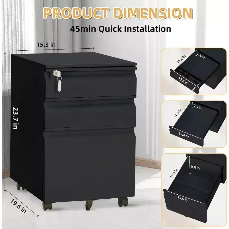3 Drawer Mobile Filing Cabinet,Under Desk Metal Rolling File Cabinet with Lock & Anti-Tip Wheel for Home Office Organizer, Hanging File Folders