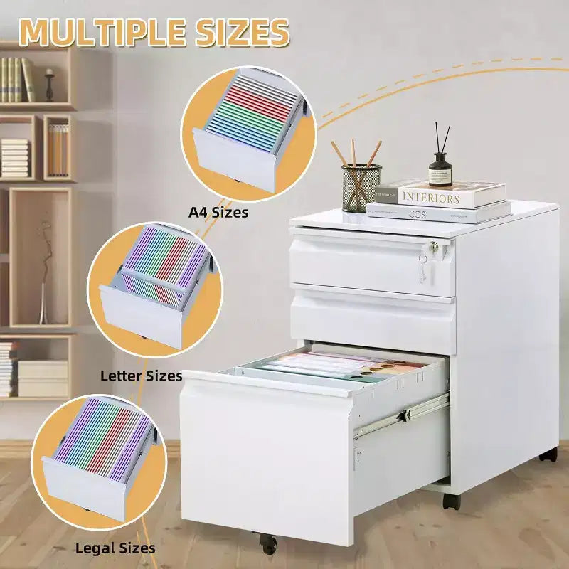 3 Drawer Mobile Filing Cabinet,Under Desk Metal Rolling File Cabinet with Lock & Anti-Tip Wheel for Home Office Organizer, Hanging File Folders