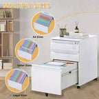 3 Drawer Mobile Filing Cabinet,Under Desk Metal Rolling File Cabinet with Lock & Anti-Tip Wheel for Home Office Organizer, Hanging File Folders