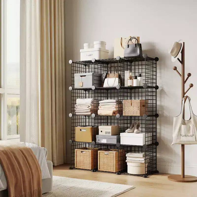 Scaffale portaoggetti in metallo a 12 cubi, organizer modulare a cubi in filo metallico, per armadio studio camera da letto ufficio