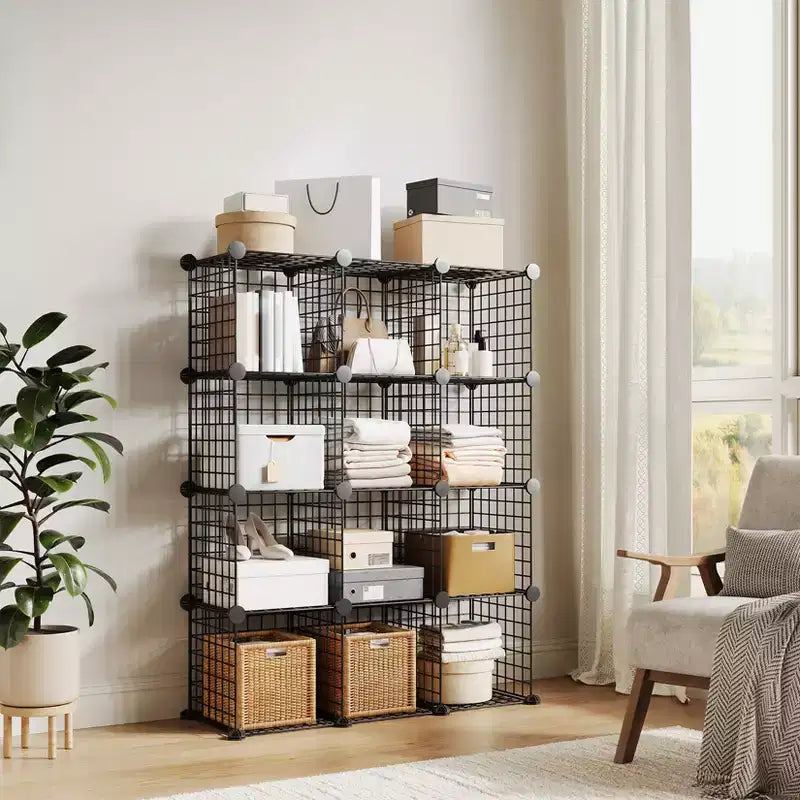 Scaffale portaoggetti in metallo a 12 cubi, organizer modulare a cubi in filo metallico, per armadio studio camera da letto ufficio