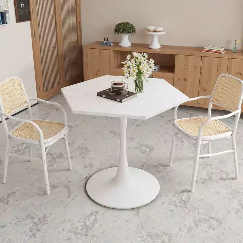 MAYEERTY Tavolino da caffè esagonale moderno da 31,5 pollici con piano in marmo stampato bianco e base in metallo per sala da pranzo soggiorno, bianco