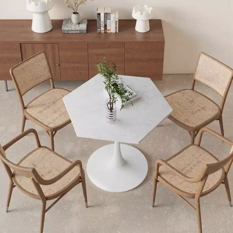 MAYEERTY Tavolino da caffè esagonale moderno da 31,5 pollici con piano in marmo stampato bianco e base in metallo per sala da pranzo soggiorno, bianco