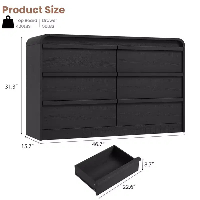 Arched 6-Drawer Dresser,47 Wide Wooden Chest with Curved Profile for Modern Bedroom, Living Room, Entryway, Nursery Storage