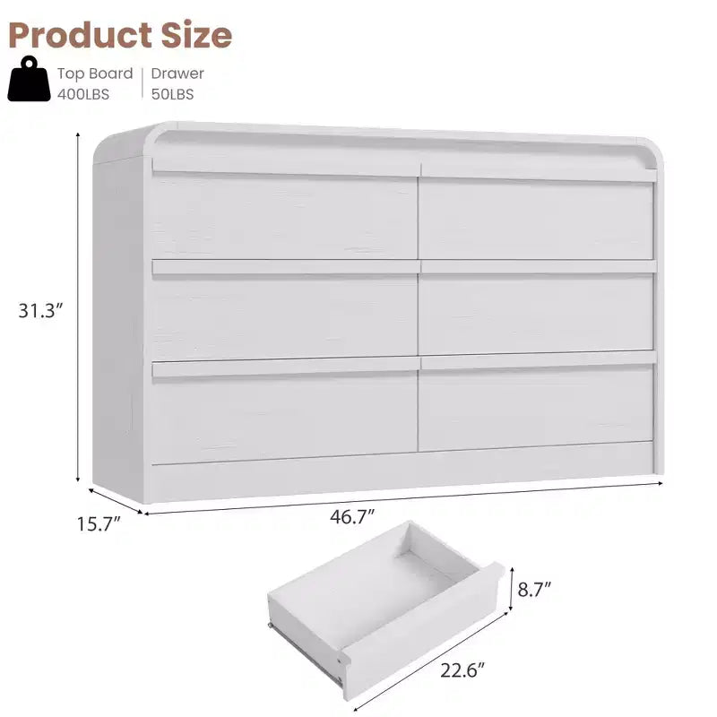 Arched 6-Drawer Dresser,47 Wide Wooden Chest with Curved Profile for Modern Bedroom, Living Room, Entryway, Nursery Storage