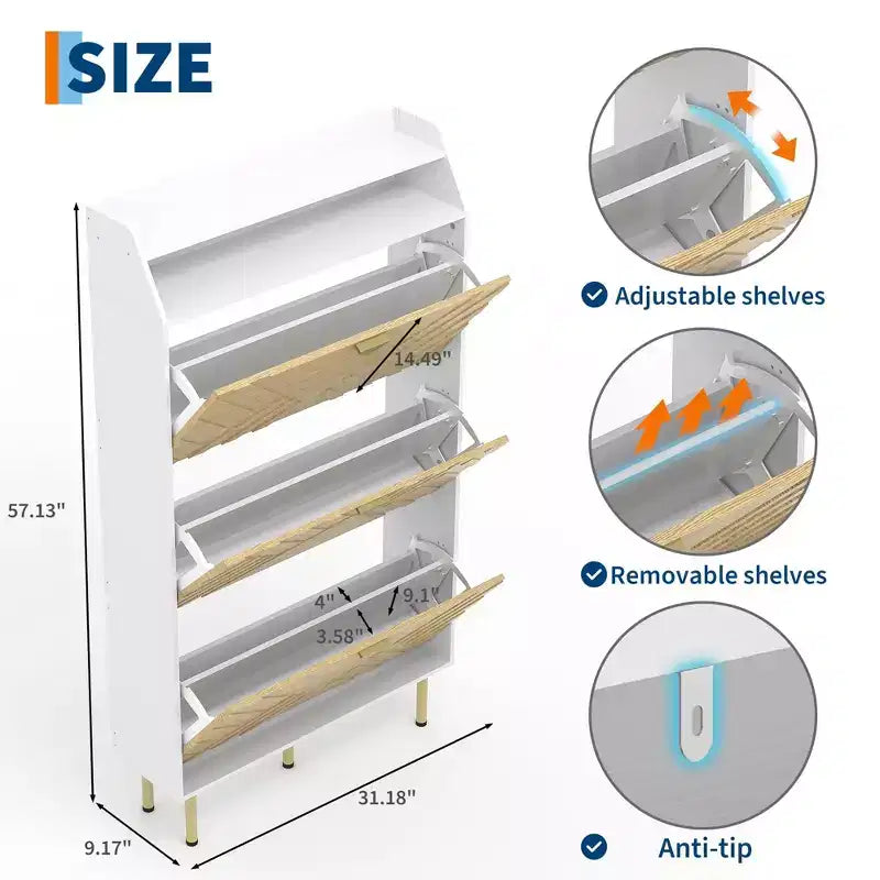 Shoe Cabinet, Entryway Cabinet  57H 3-Flip Drawer Slim White & Wood Hidden Storage Organizer for Hallway