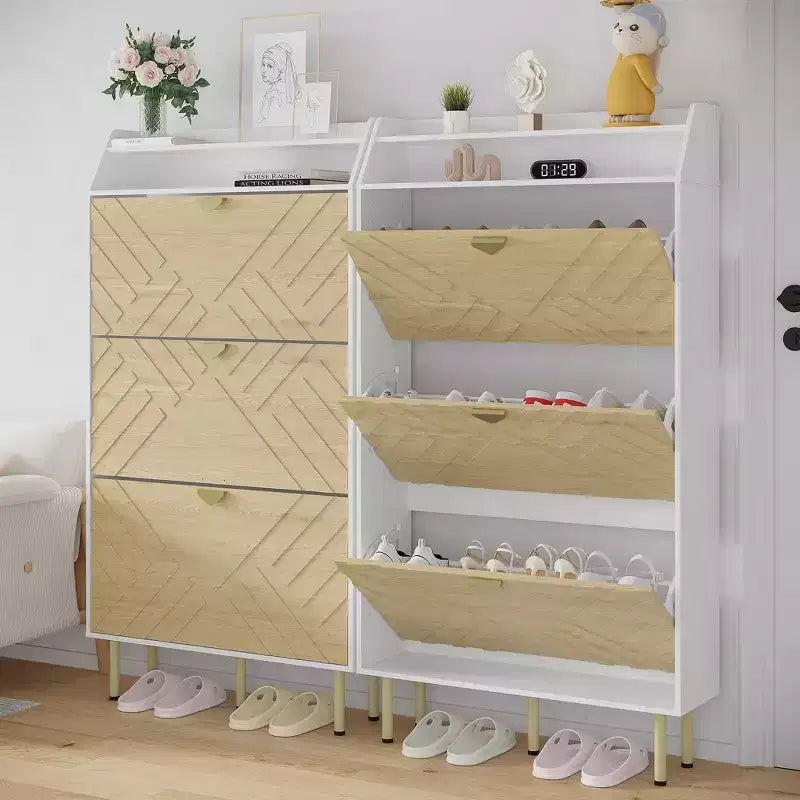 Shoe Cabinet, Entryway Cabinet  57H 3-Flip Drawer Slim White & Wood Hidden Storage Organizer for Hallway