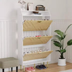 Shoe Cabinet, Entryway Cabinet  57H 3-Flip Drawer Slim White & Wood Hidden Storage Organizer for Hallway
