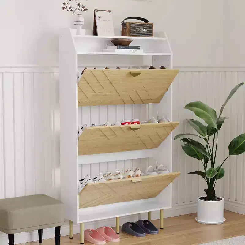 Shoe Cabinet, Entryway Cabinet  57H 3-Flip Drawer Slim White & Wood Hidden Storage Organizer for Hallway