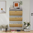 Shoe Cabinet, Entryway Cabinet  57H 3-Flip Drawer Slim White & Wood Hidden Storage Organizer for Hallway