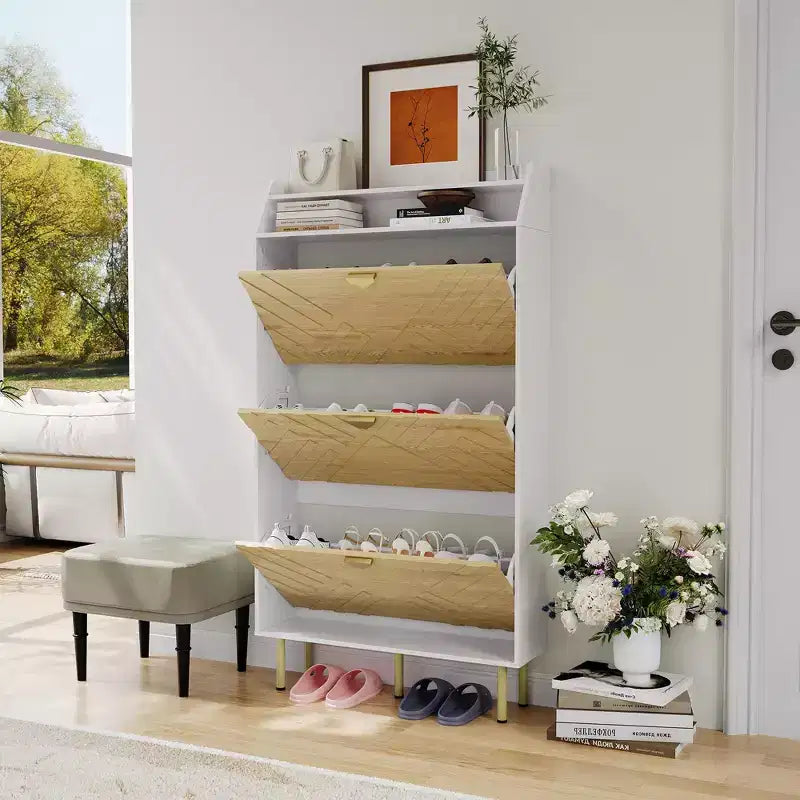 Shoe Cabinet, Entryway Cabinet  57H 3-Flip Drawer Slim White & Wood Hidden Storage Organizer for Hallway