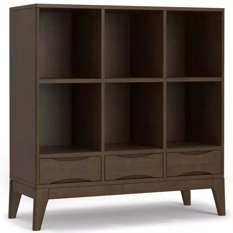 Pearson SOLID HARDWOOD 43 inch x 42 inch Mid Century Modern Low 6 Cube Storage with Drawers in Walnut Brown