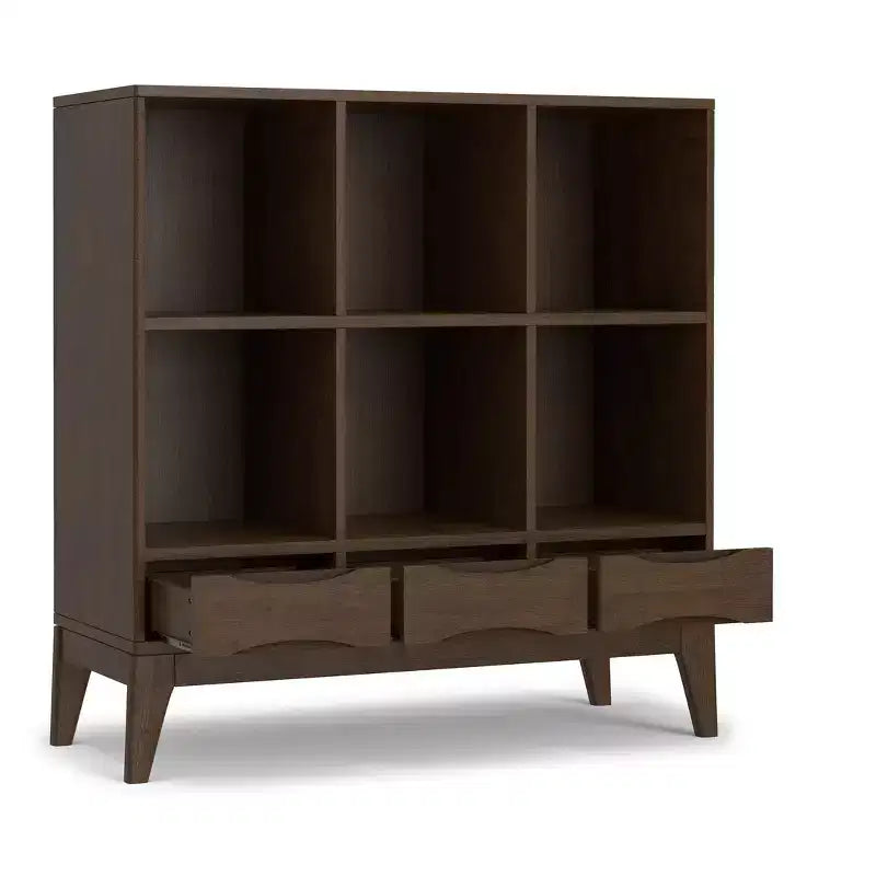 Pearson SOLID HARDWOOD 43 inch x 42 inch Mid Century Modern Low 6 Cube Storage with Drawers in Walnut Brown