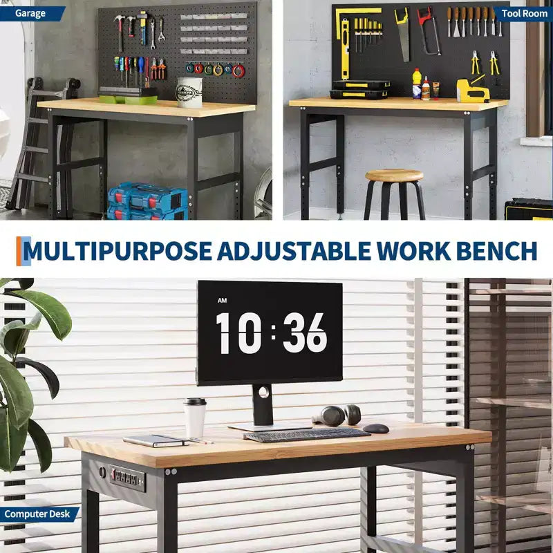 60 in Adjustable Height Workbench, Max. 2200 LBS Capacity Wood Work Bench Table, Heavy Duty Work Station for Garage, Shop, Home, Office