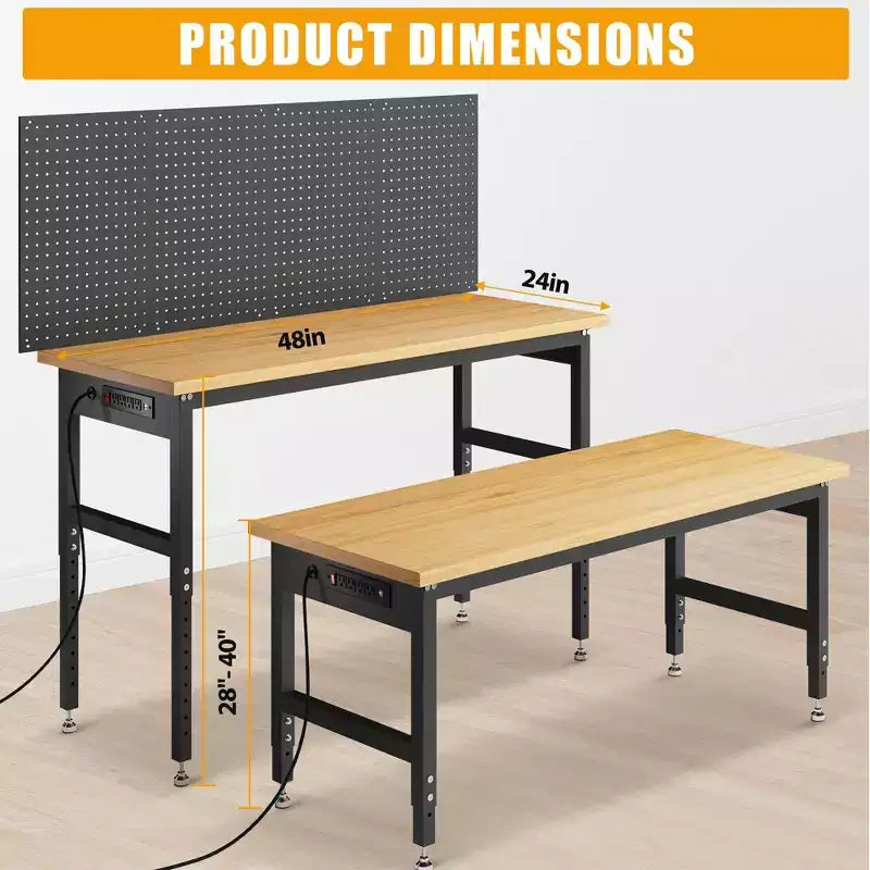 60 in Adjustable Height Workbench, Max. 2200 LBS Capacity Wood Work Bench Table, Heavy Duty Work Station for Garage, Shop, Home, Office