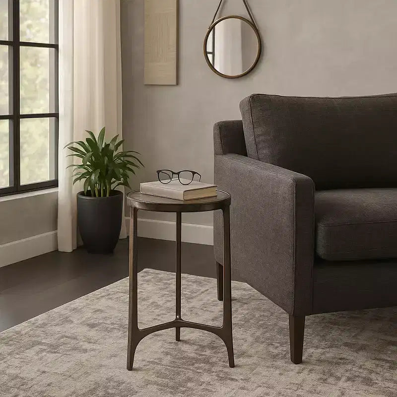 Rustic End Table, Side Table, or Small Night Stand for Room Decor - Round Metal Bedside Table with Glass Top for Small Spaces - 22 Bronze & Copper