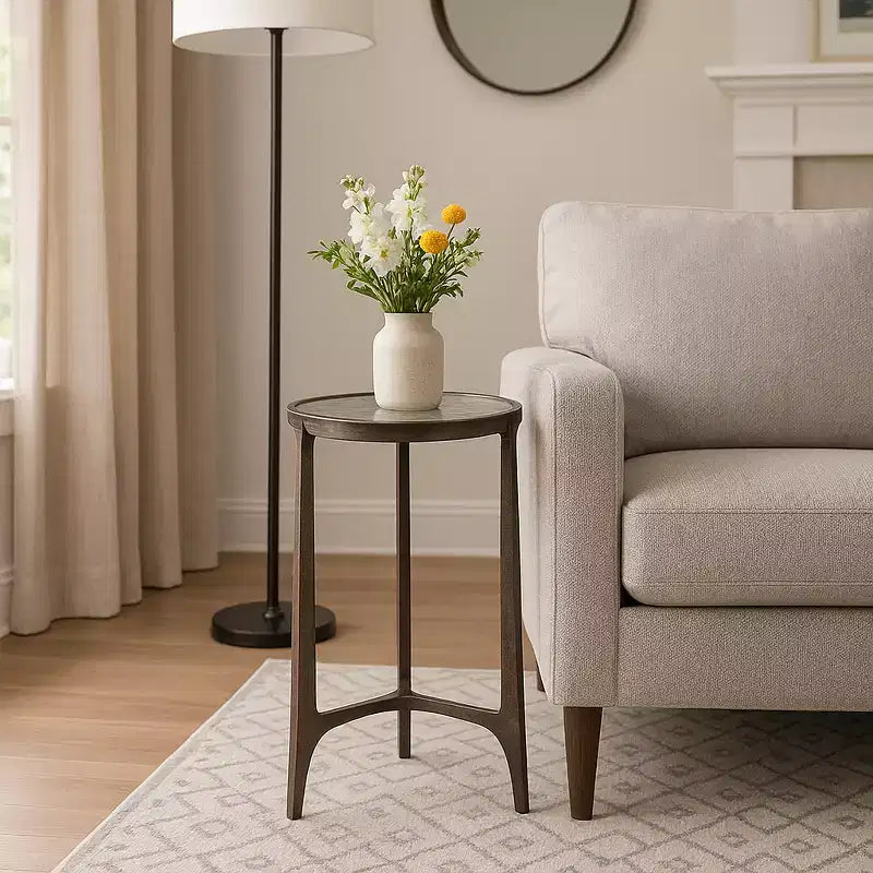 Rustic End Table, Side Table, or Small Night Stand for Room Decor - Round Metal Bedside Table with Glass Top for Small Spaces - 22 Bronze & Copper