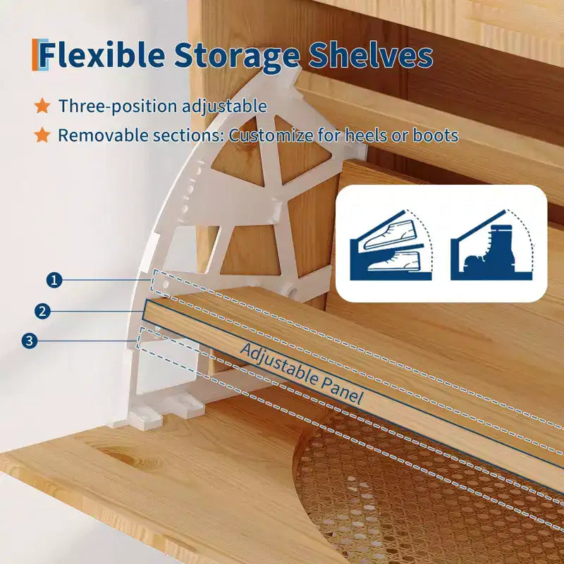 Shoe Cabinet, Entryway Cabinet  Natural Rattan Cabinet with 2 Flip Drawers & Mirror Adjustable Shelves