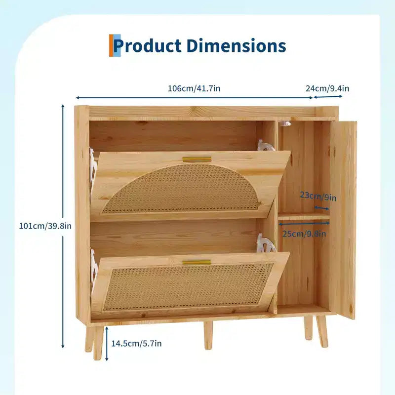 Shoe Cabinet, Entryway Cabinet  Natural Rattan Cabinet with 2 Flip Drawers & Mirror Adjustable Shelves