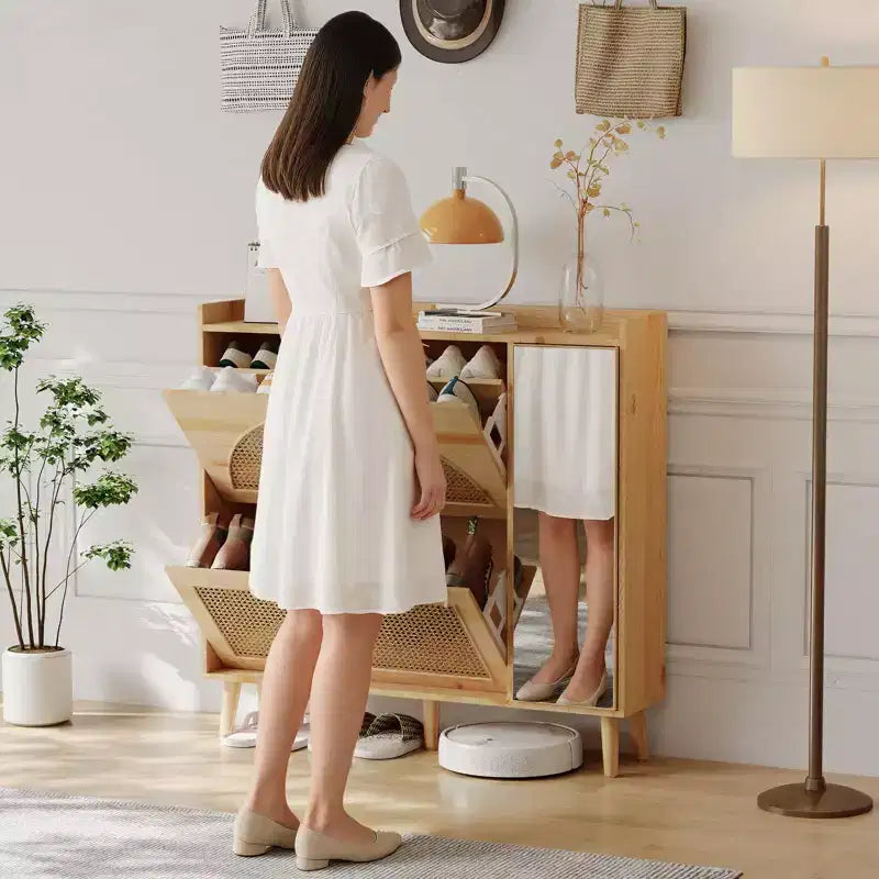 Shoe Cabinet, Entryway Cabinet  Natural Rattan Cabinet with 2 Flip Drawers & Mirror Adjustable Shelves