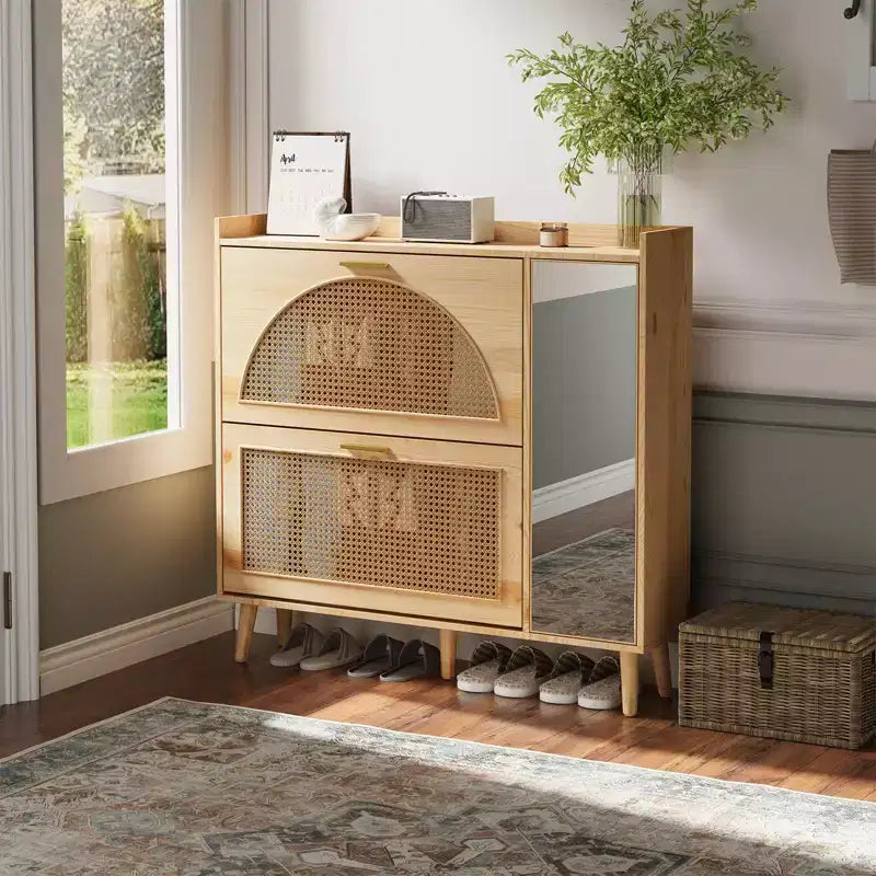 Shoe Cabinet, Entryway Cabinet  Natural Rattan Cabinet with 2 Flip Drawers & Mirror Adjustable Shelves